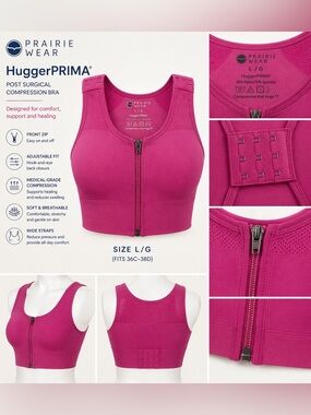 Prairie Wear HuggerPRIMA Compression Bra Nude L/G Front Zip Post Surgery pink
